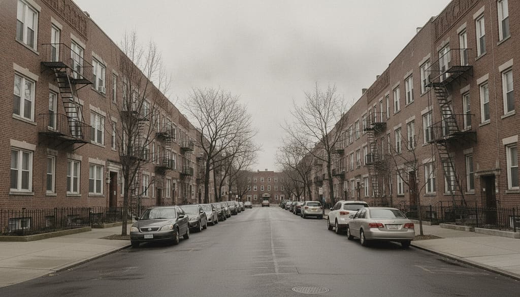 Quiet street of prewar brick apartment buildings with fire escapes, overcast sky