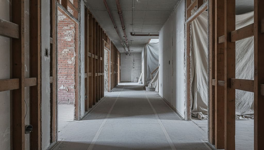 Corridor in a prewar apartment building mid gut-out, walls back to studs